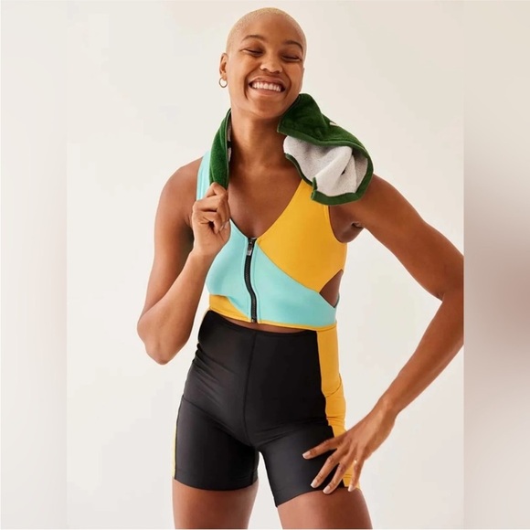NWT Outdoor Voices SplashKnit 6" Bodysuit XS Colorblock Black, Teal, and Yellow - Picture 5 of 12
